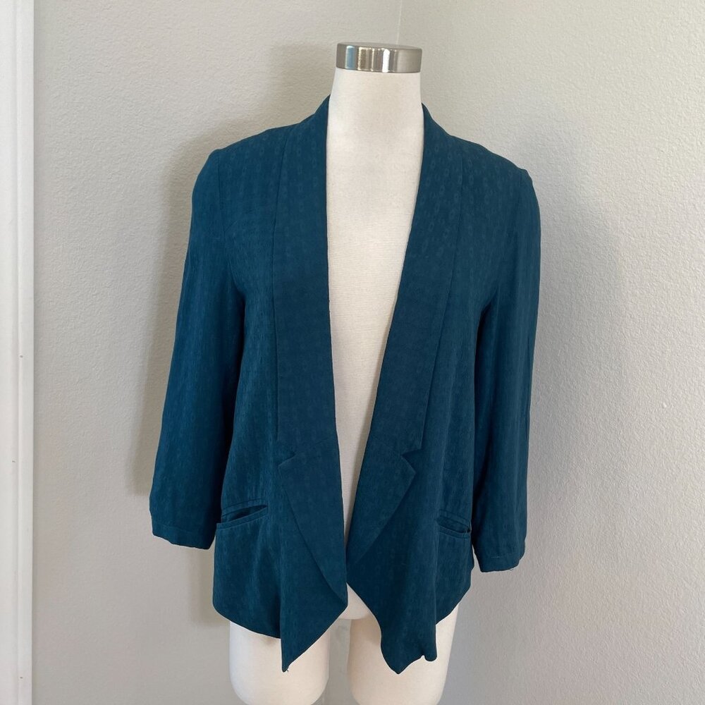 Cartonnier Womens Small Teal Open Front‎ Blazer Jacket Alpaca Print Lining